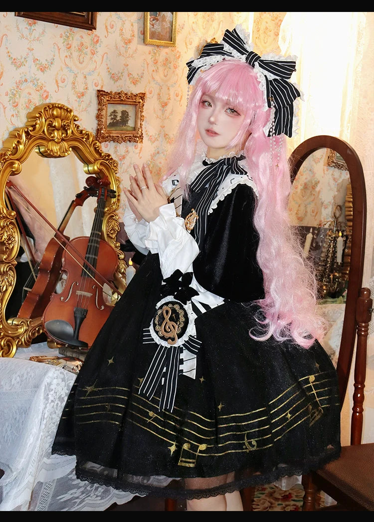 Forest Fluorescent Carps~Black and White Sonata~Ouji Lolita Vest Suit and Vintage Lolita OP Dress