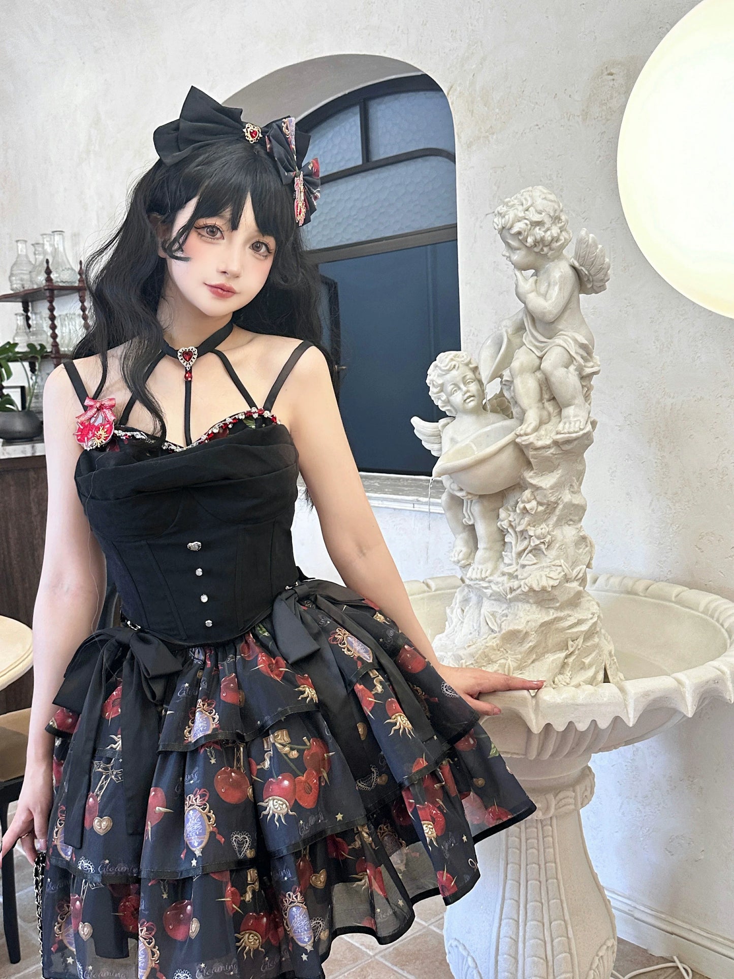 (Buy for me)Gloaming~Sweet Lolita Cherry print Short Sleeve OP and SK Set