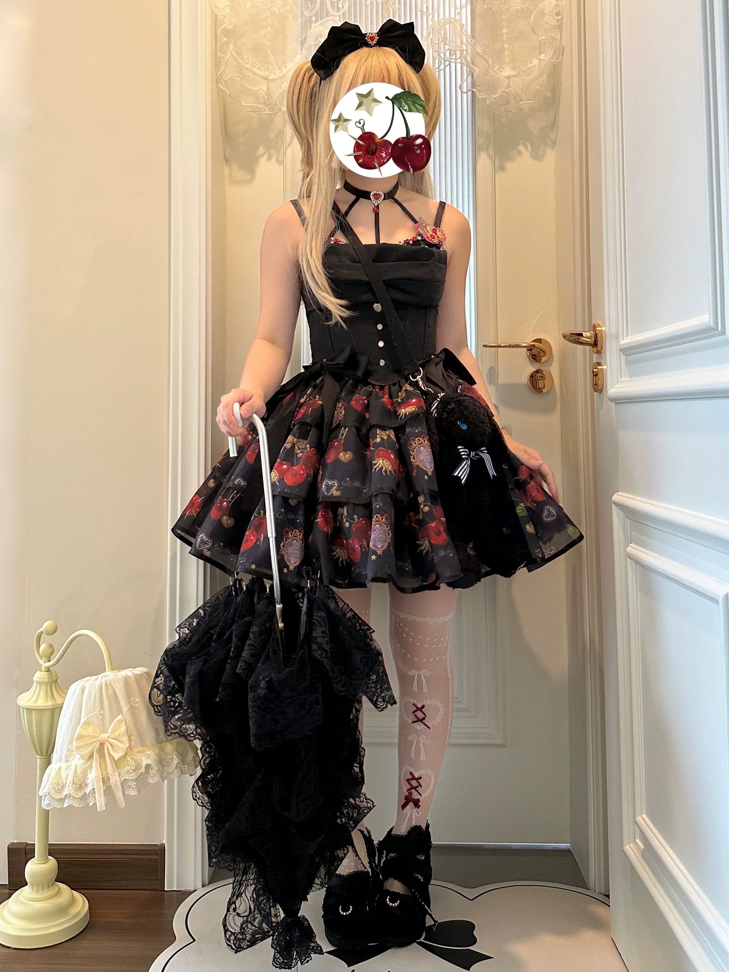 (Buy for me)Gloaming~Sweet Lolita Cherry print Short Sleeve OP and SK Set
