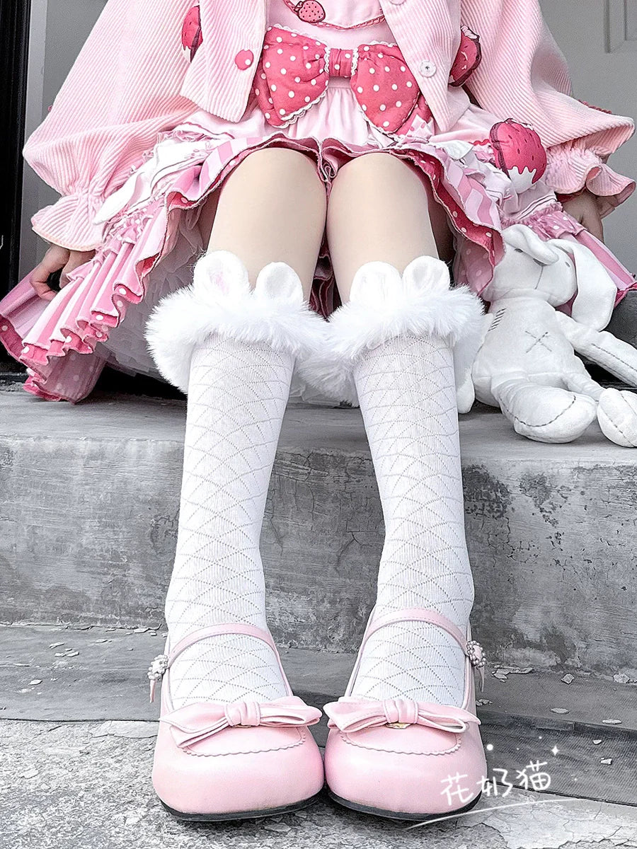 Hua Nai Cat~Winter Lolita Socks Cute Plush Lace Calf Socks