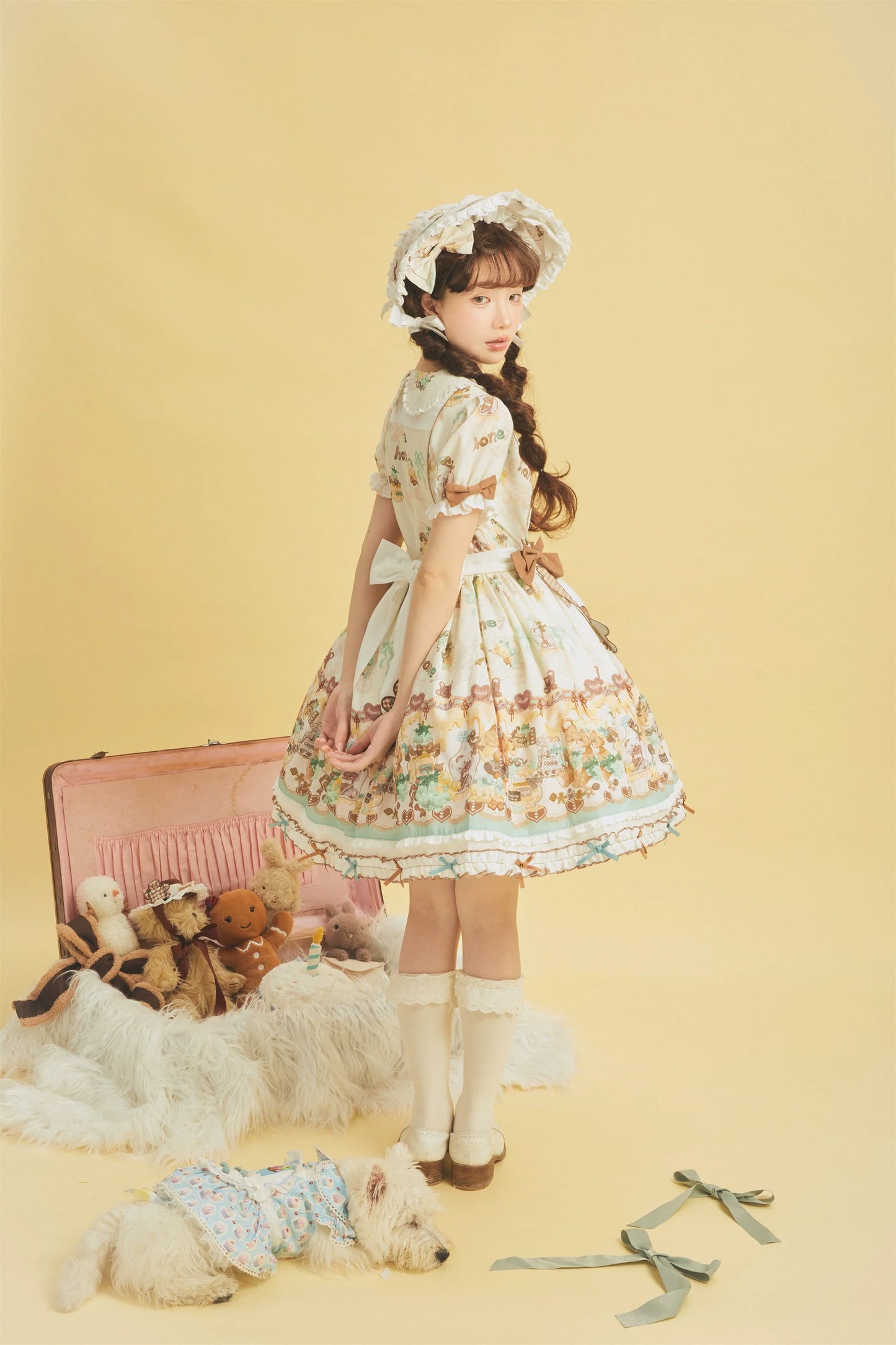 Babyblue~Little Bear Honey Jar~Kawaii Lolita Short Sleeve OP Gingerbread Man Embroidered Dress