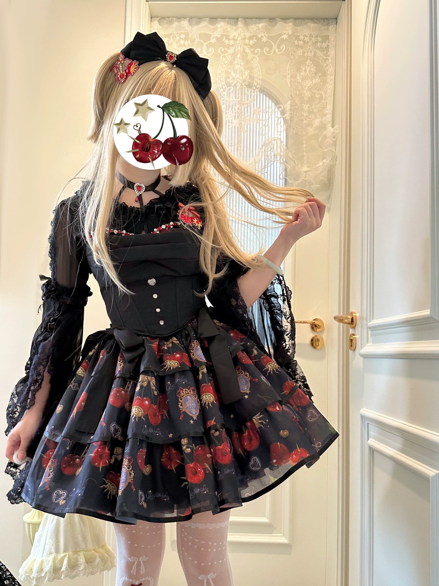 (Buy for me)Gloaming~Sweet Lolita Cherry print Short Sleeve OP and SK Set