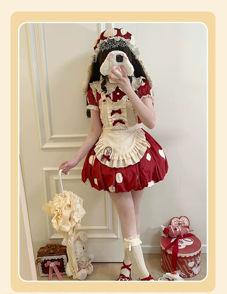 Sakurahime~Mushroom~Kawaii Lolita OP Dress with Apron and Detachable Sleeves