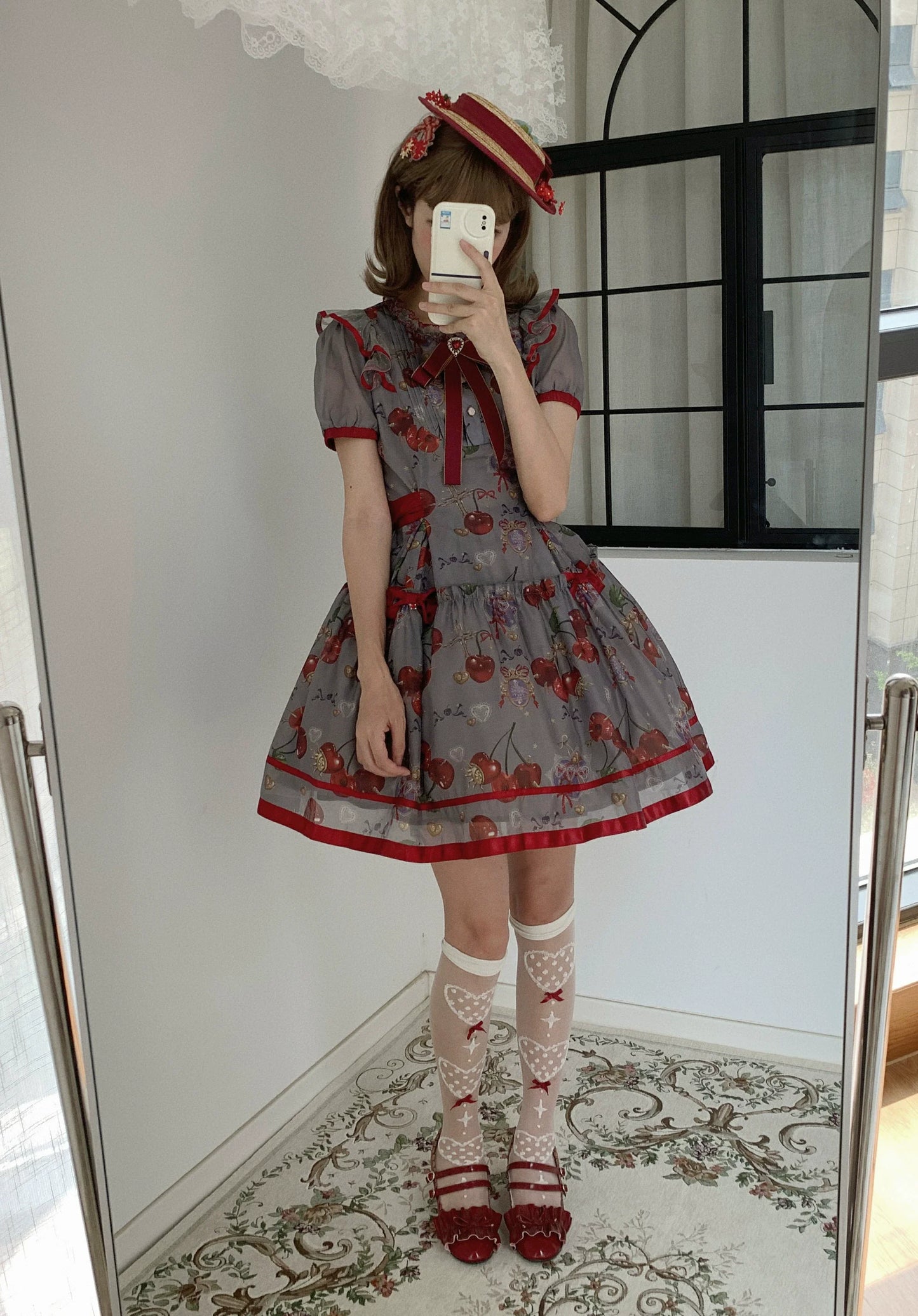 (Buy for me)Gloaming~Sweet Lolita Cherry print Short Sleeve OP and SK Set