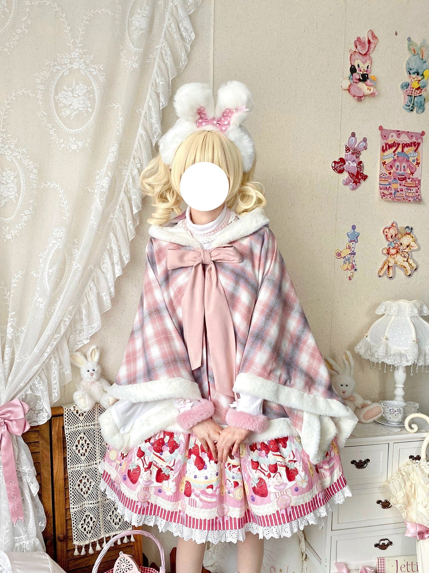 Qianmu~Waffle~Kawaii Lolita Cape Daily Lolita Plaid Hoodie Cloak