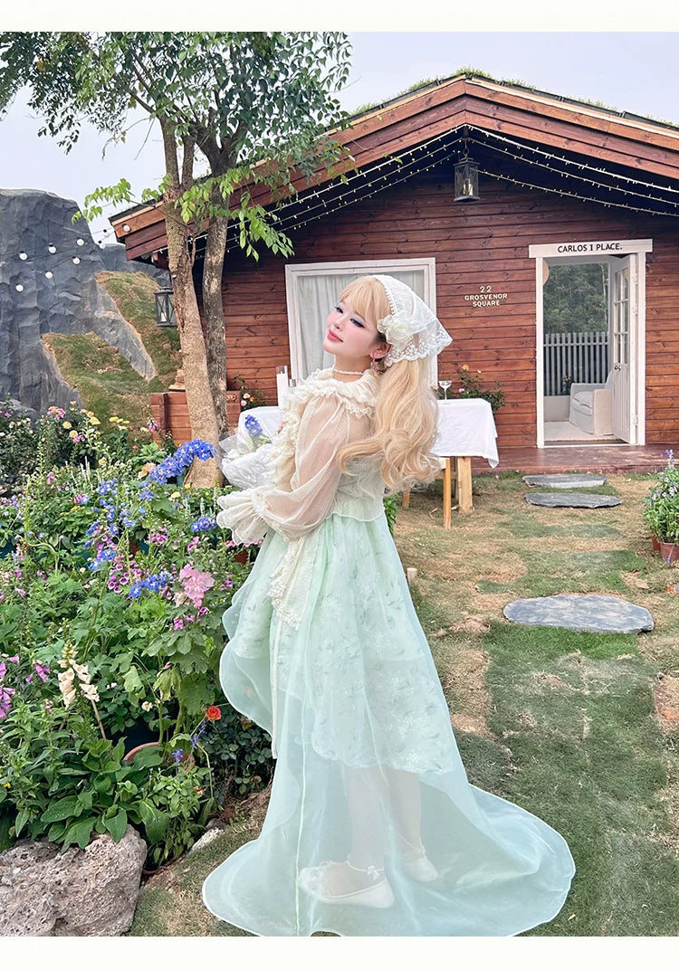Yingtang~Plus Size Lolita JSK Dress Green Floral Lolita Dress Caidigan Set