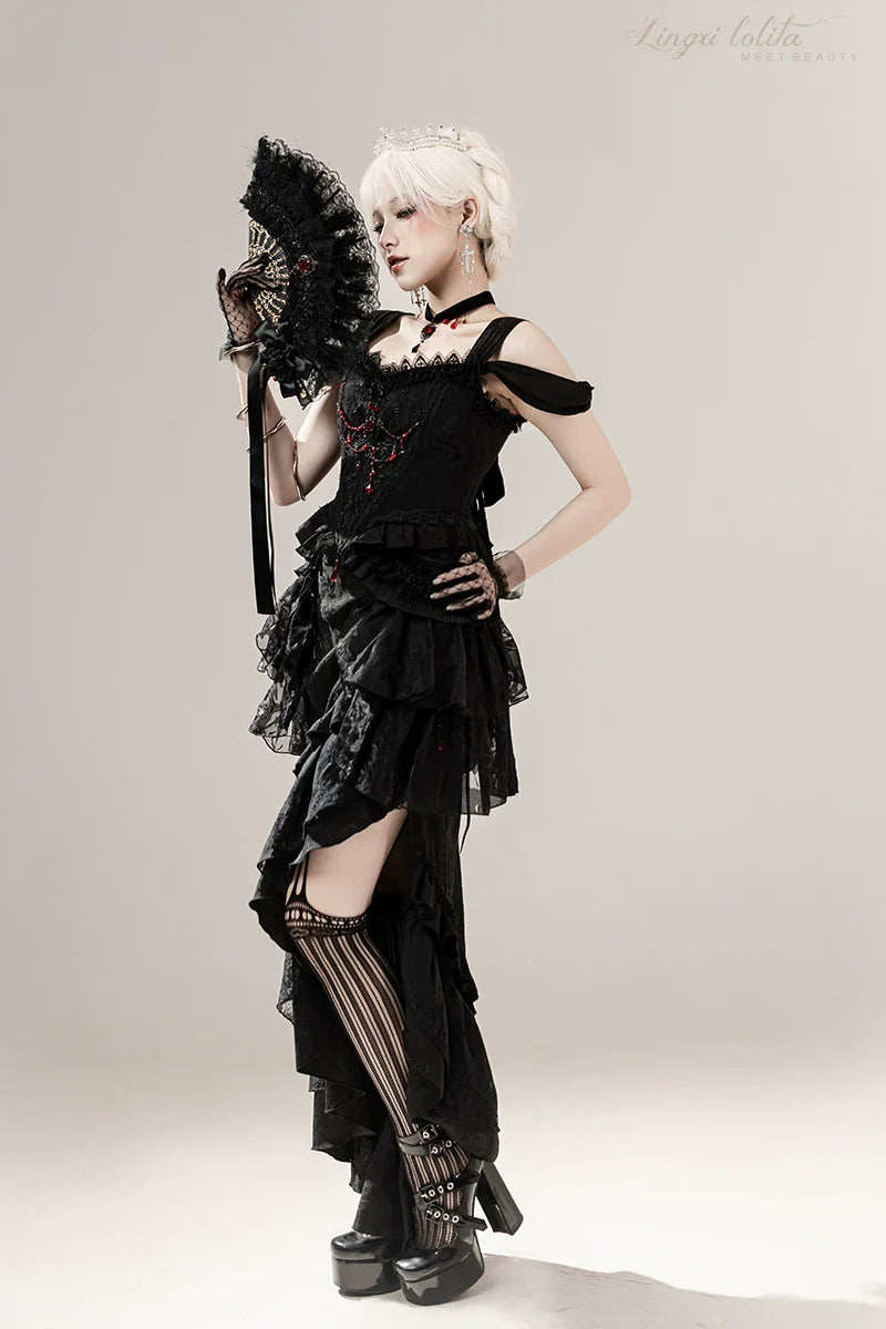 Lingxi Lolita~Lord of the Night~Gothic Lolita Skirt Suit Mermaid Skirt and Fishbone Bodice
