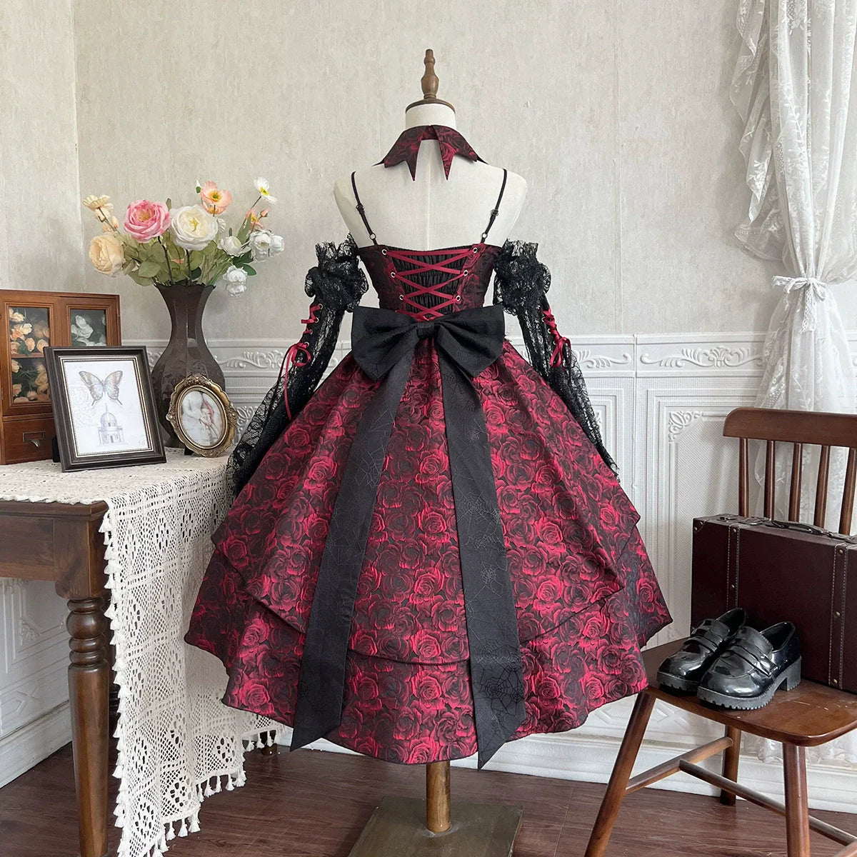 Cornfield Lolita~Rose Blood~Black Red Gothic Lolita JSK Jacquard Court Dress