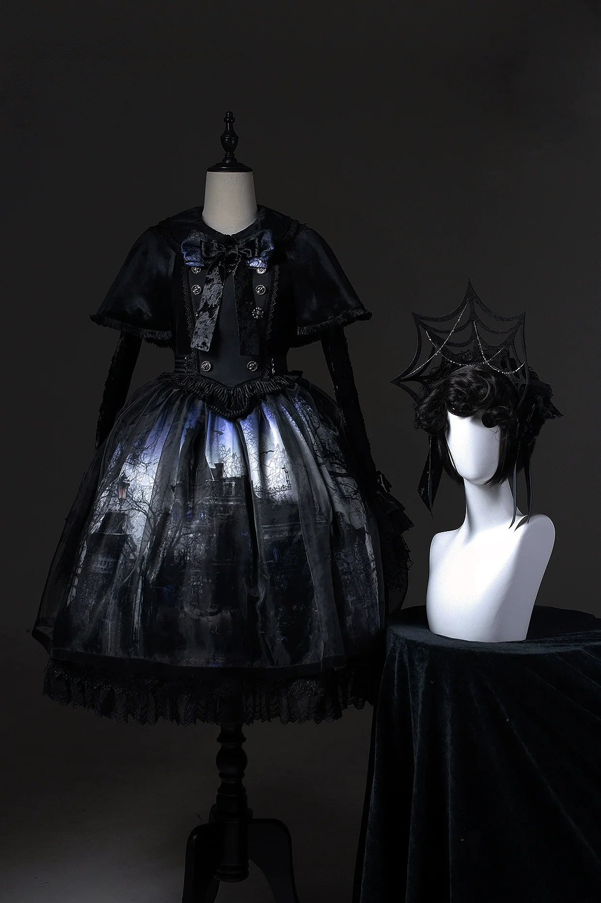 LilithHouse~Horror House~Gothic Lolita OP Set with Cape and Castle Print