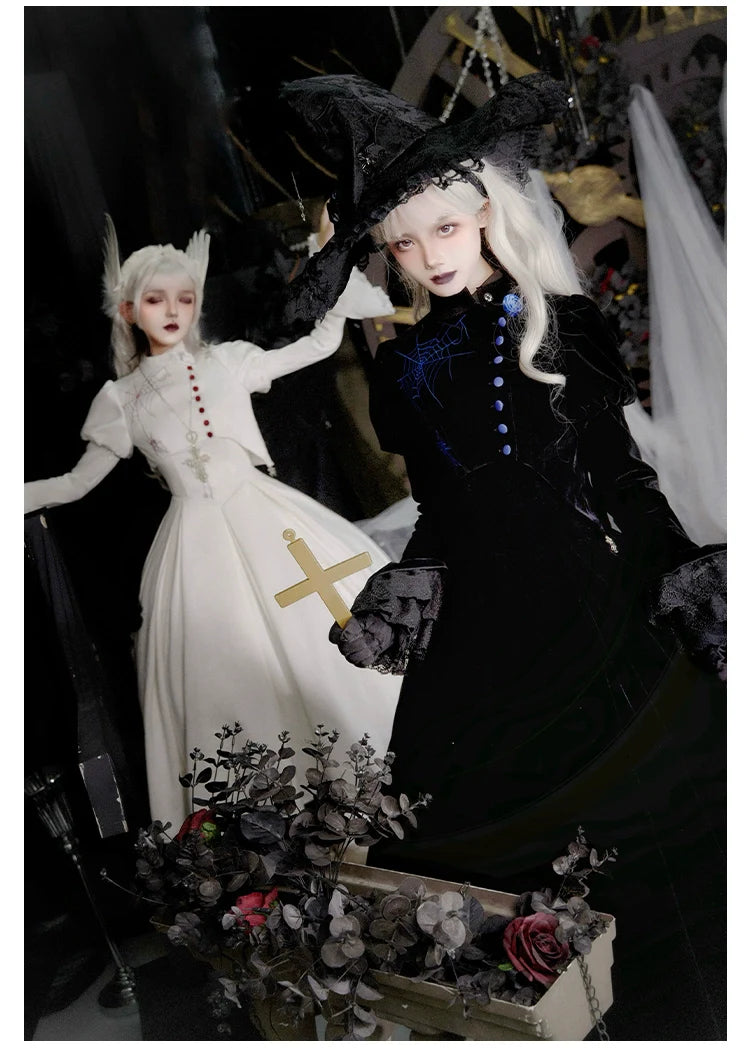 With PUJI~Enigmatic Night Poem~Halloween Gothic Lolita Fishbone Bustier Dress Embroidered Coat