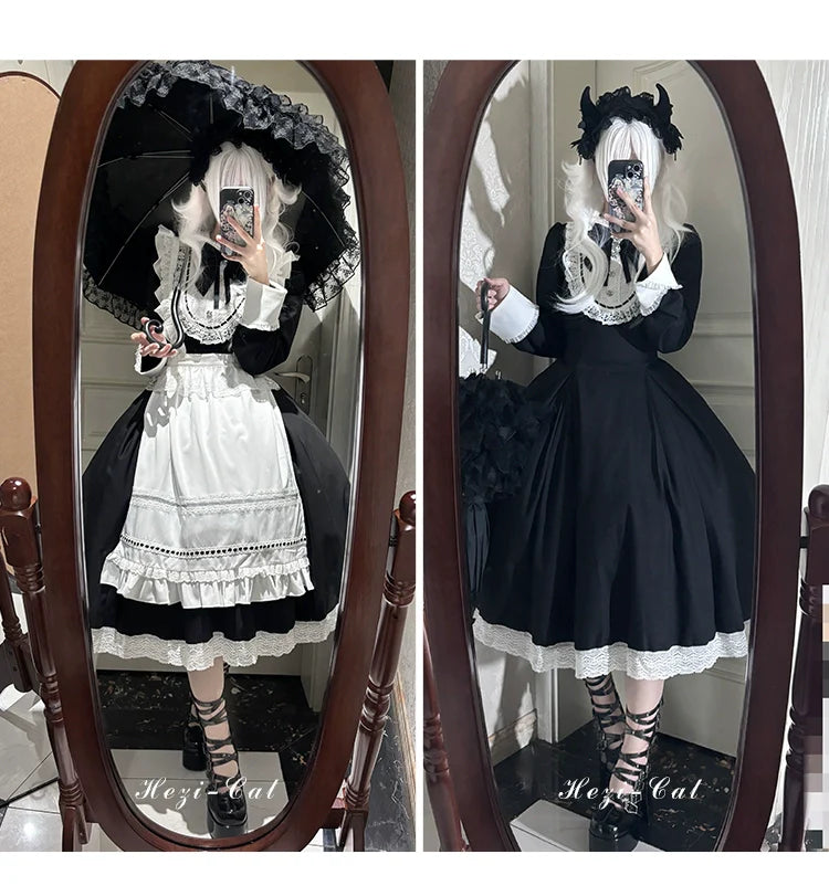 Hezi's Cat Haven~Black Cat Butler~Maid Lolita OP Dress Elegant Black and White Dress