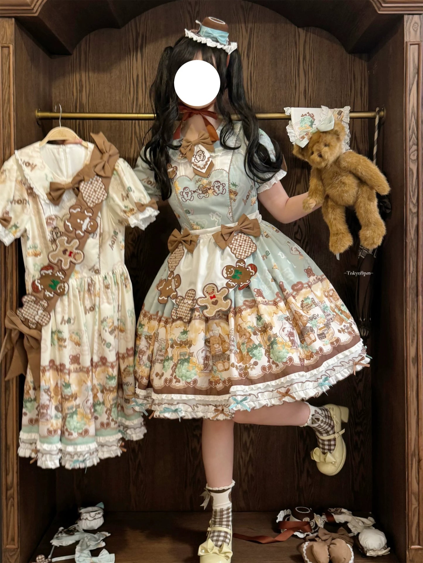 Babyblue~Little Bear Honey Jar~Kawaii Lolita Short Sleeve OP Gingerbread Man Embroidered Dress