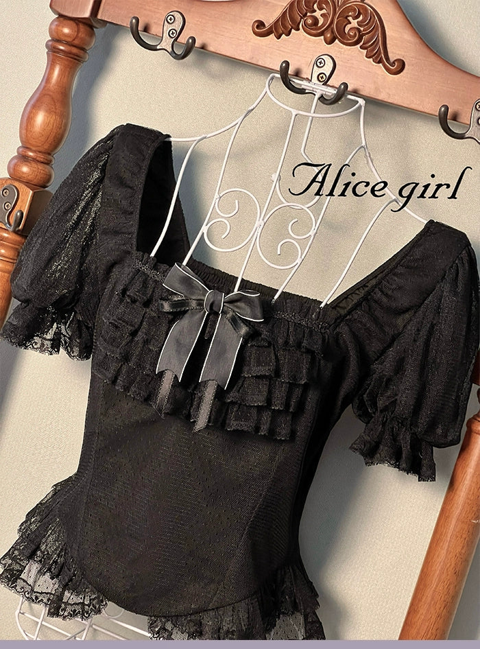 Alice girl~Yesterday Morning Mist~Classic Lolita Shirt Polka Dots Tulle Short Sleeve Blouse