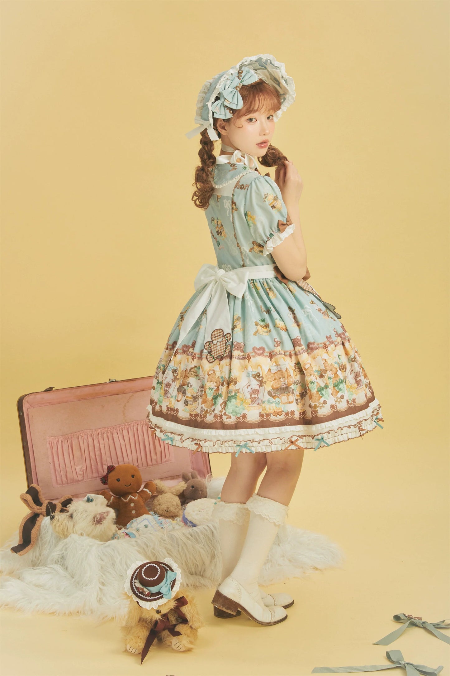 Babyblue~Little Bear Honey Jar~Kawaii Lolita Short Sleeve OP Gingerbread Man Embroidered Dress