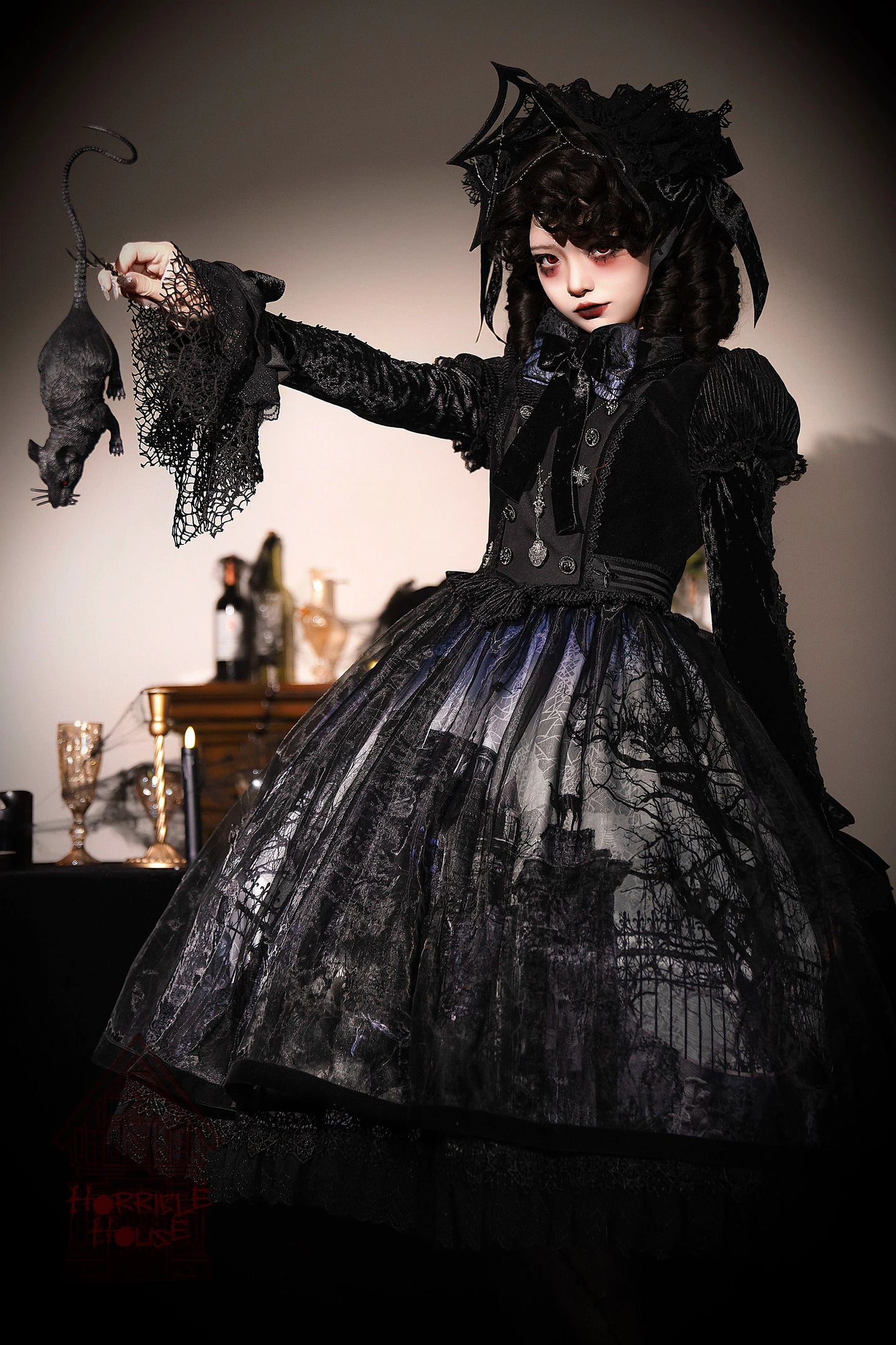 LilithHouse~Horror House~Gothic Lolita OP Set with Cape and Castle Print