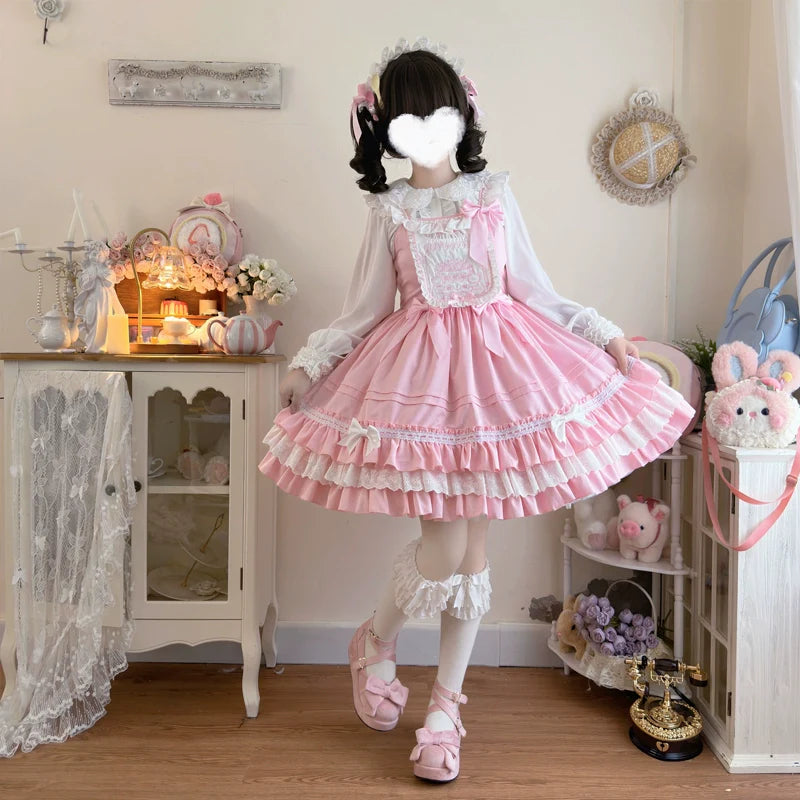 Hanguliang~Sweet Bear~Kawaii Lolita JSK Dress Embroidery Flounce Hem