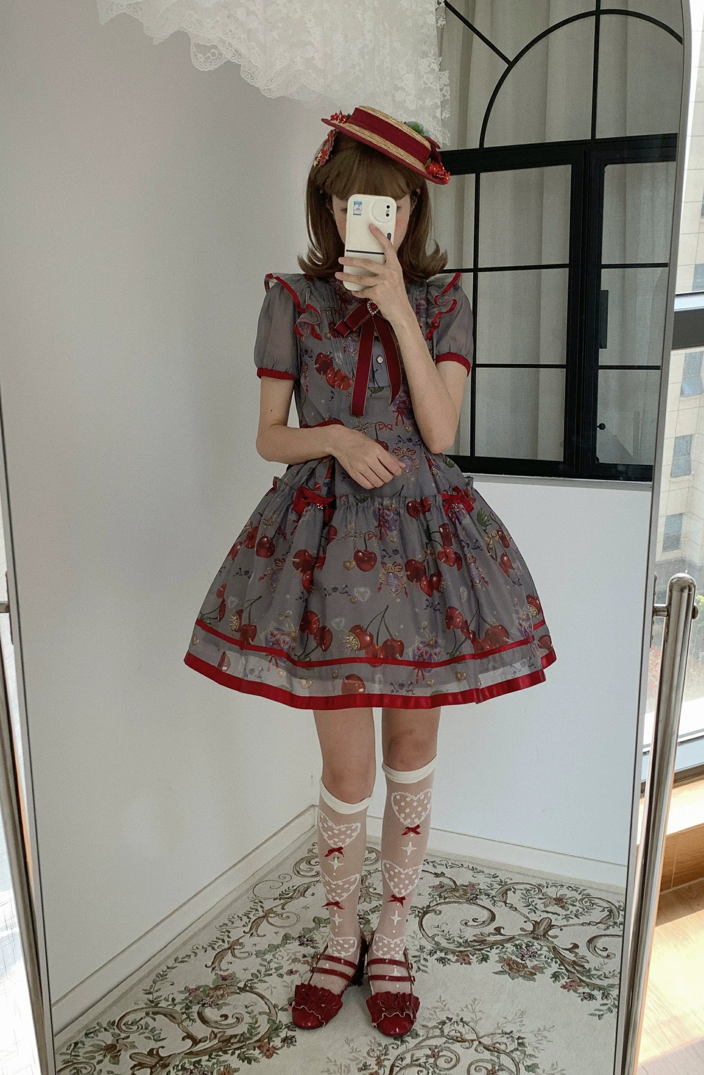 (Buy for me)Gloaming~Sweet Lolita Cherry print Short Sleeve OP and SK Set