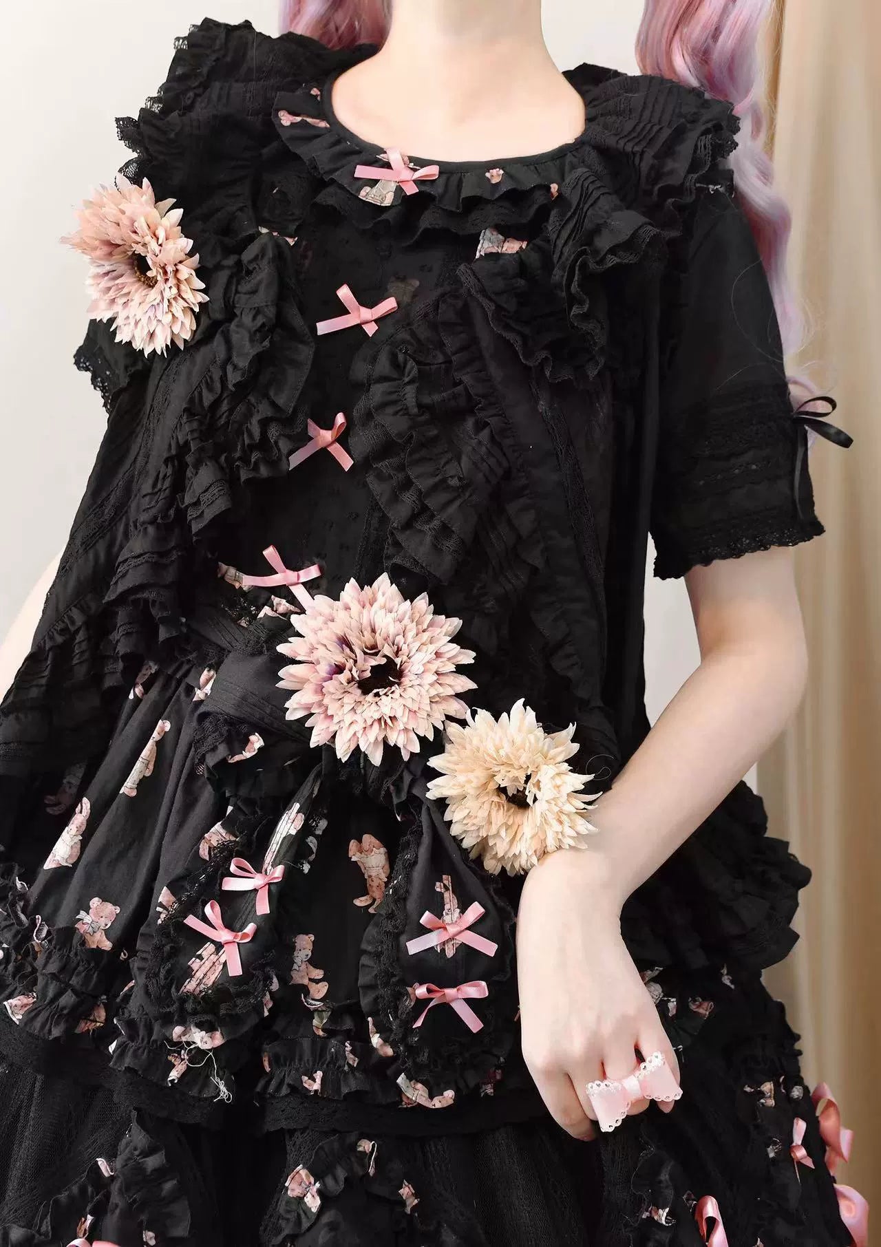 MONO GIRL~Rottengburg Bear~Sweet Lolita JSK Print Hollow-out Ruffles Dress