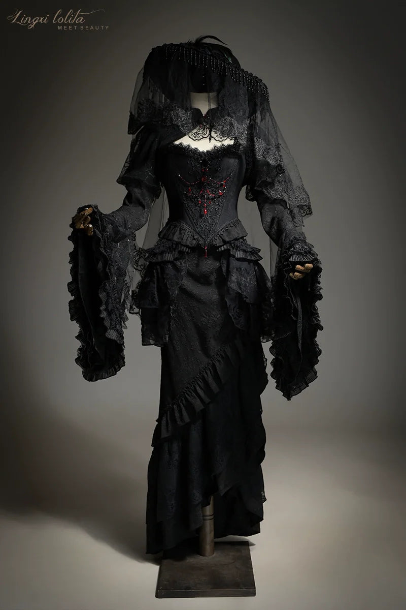 Lingxi Lolita~Lord of the Night~Gothic Lolita Skirt Suit Mermaid Skirt and Fishbone Bodice