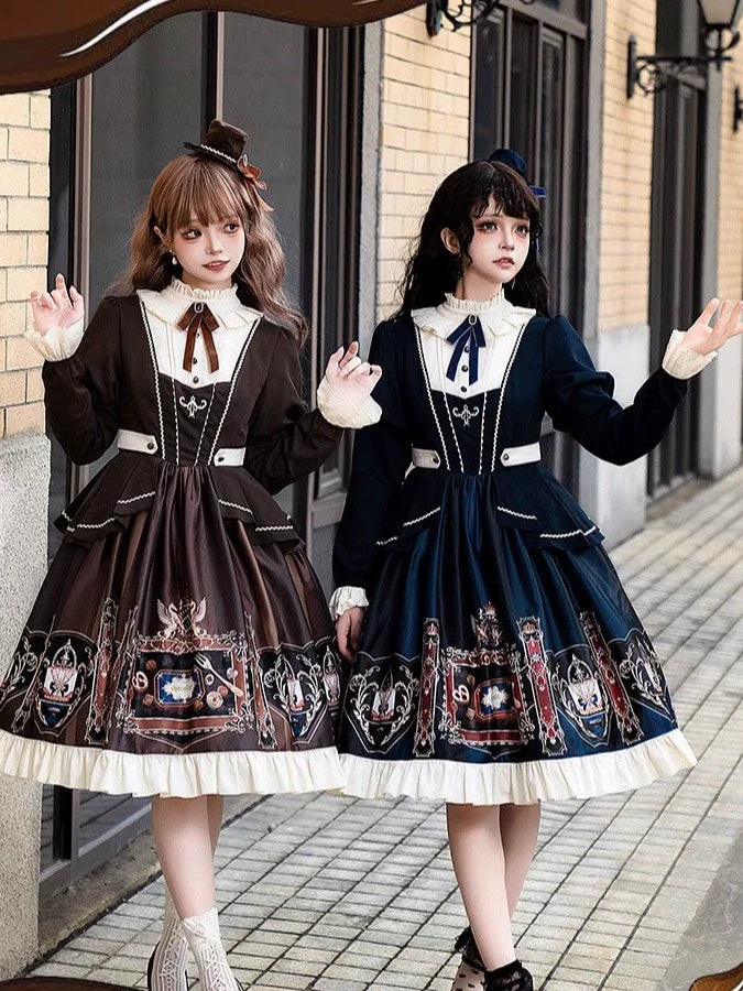 Jinmu~Chocolate Academy~Vintage Lolita OP Long Puff Sleeve Schoolgirl Lolita Dress