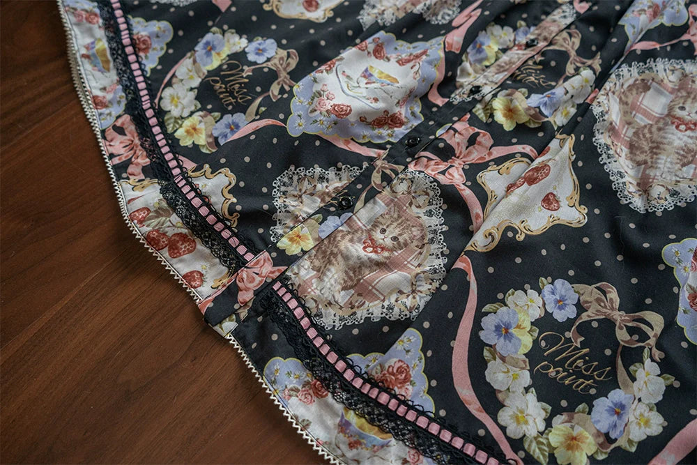Miss Point~Cat Rose Tea~Sweet Lolita Skirt with Cute Prints Customized Size