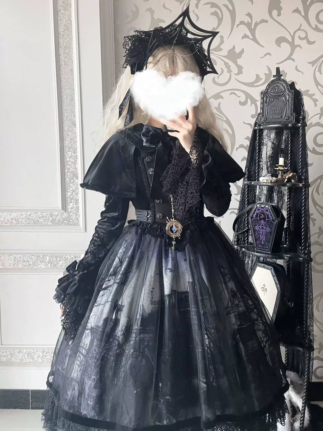LilithHouse~Horror House~Gothic Lolita OP Set with Cape and Castle Print