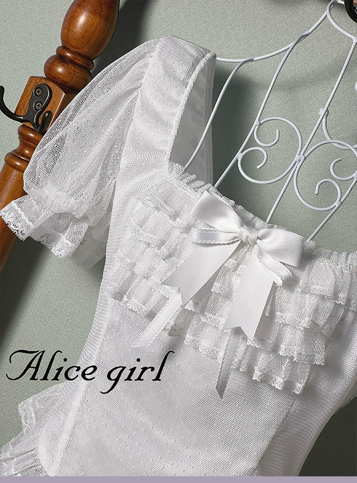 Alice girl~Yesterday Morning Mist~Classic Lolita Shirt Polka Dots Tulle Short Sleeve Blouse