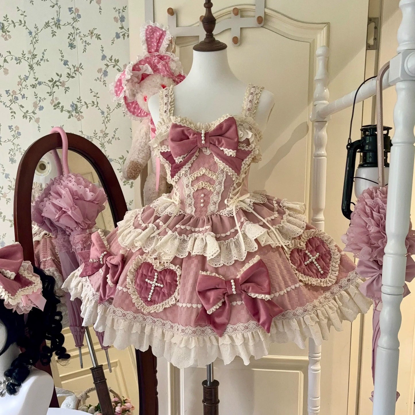 Sakurahime~Cross Sweetheart~Pink Sweet Lolita JSK Dress Doll Lolita Short Dress