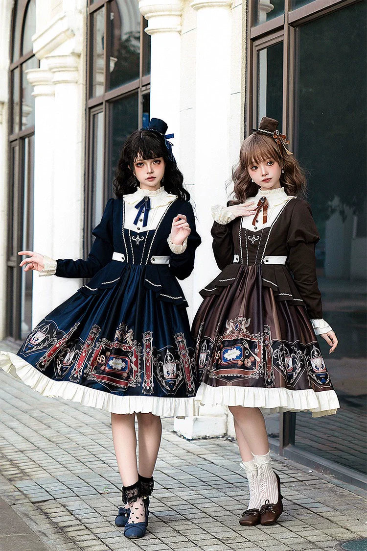 Jinmu~Chocolate Academy~Vintage Lolita OP Long Puff Sleeve Schoolgirl Lolita Dress