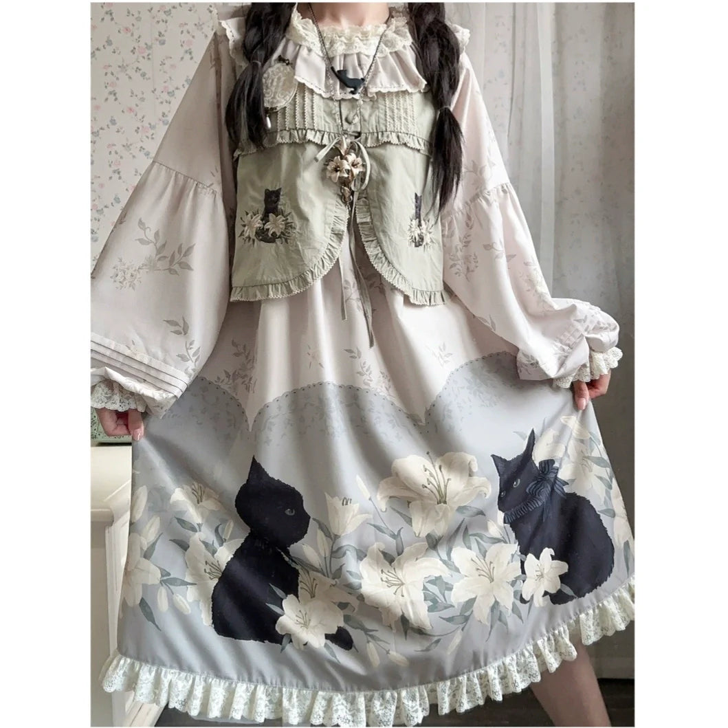 Akiyama Future Studio~Black Cat and Lily~Loose Kawaii Lolita OP Dress with Vest and Hat