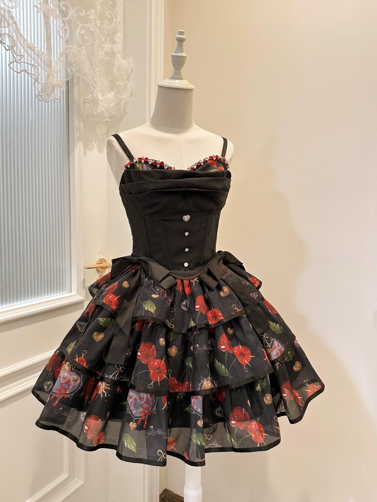 (Buy for me)Gloaming~Sweet Lolita Cherry print Short Sleeve OP and SK Set