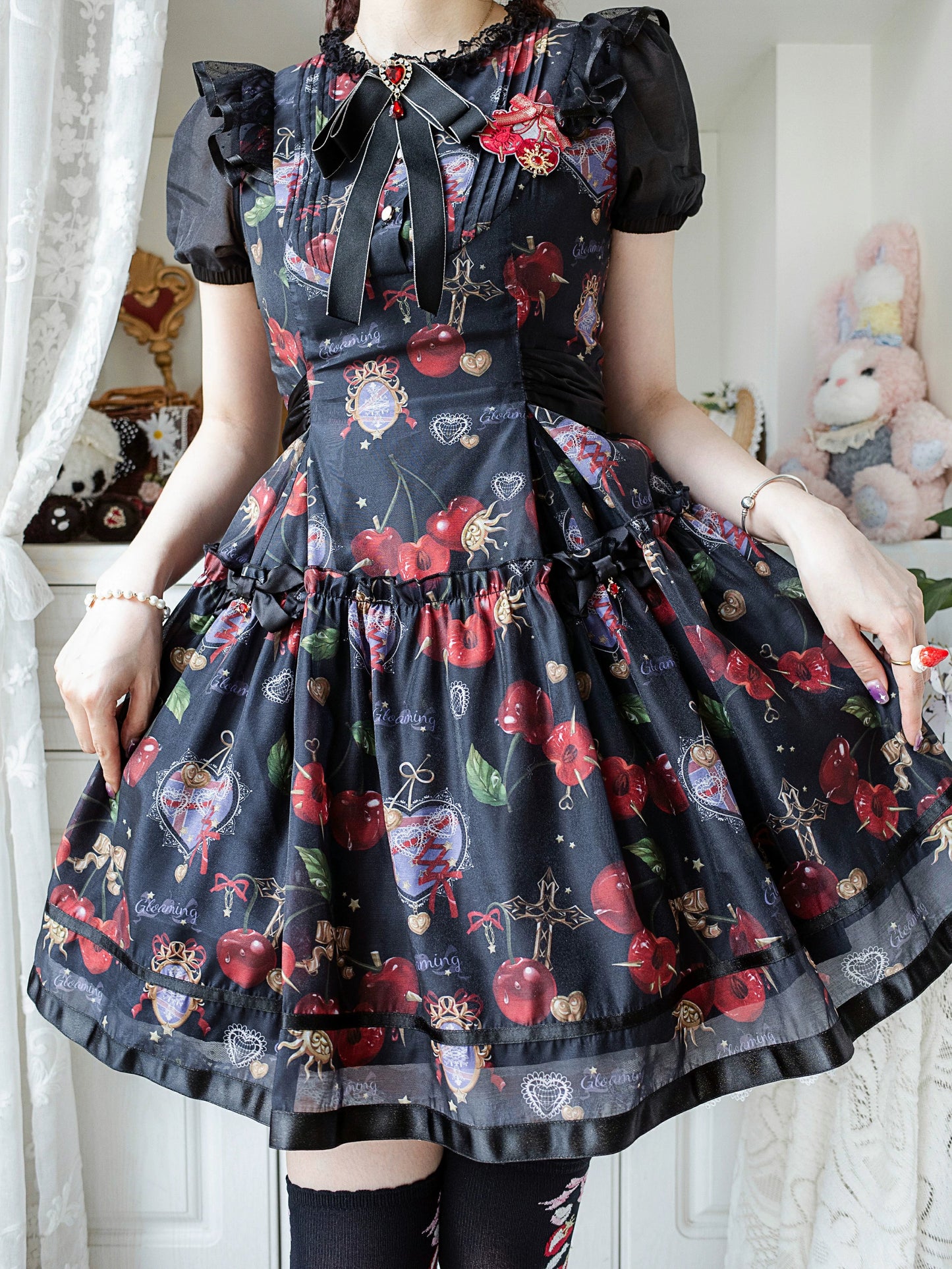 (Buy for me)Gloaming~Sweet Lolita Cherry print Short Sleeve OP and SK Set