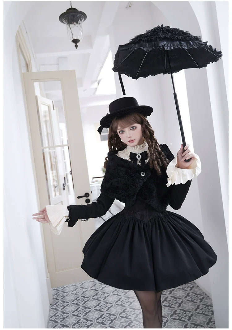 With PUJI~Old Testament~Classic Lolita Coat Black Plush Lolita Cape and Brooch