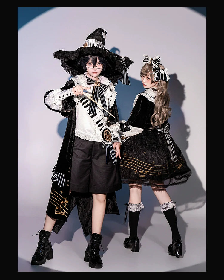Forest Fluorescent Carps~Black and White Sonata~Ouji Lolita Vest Suit and Vintage Lolita OP Dress