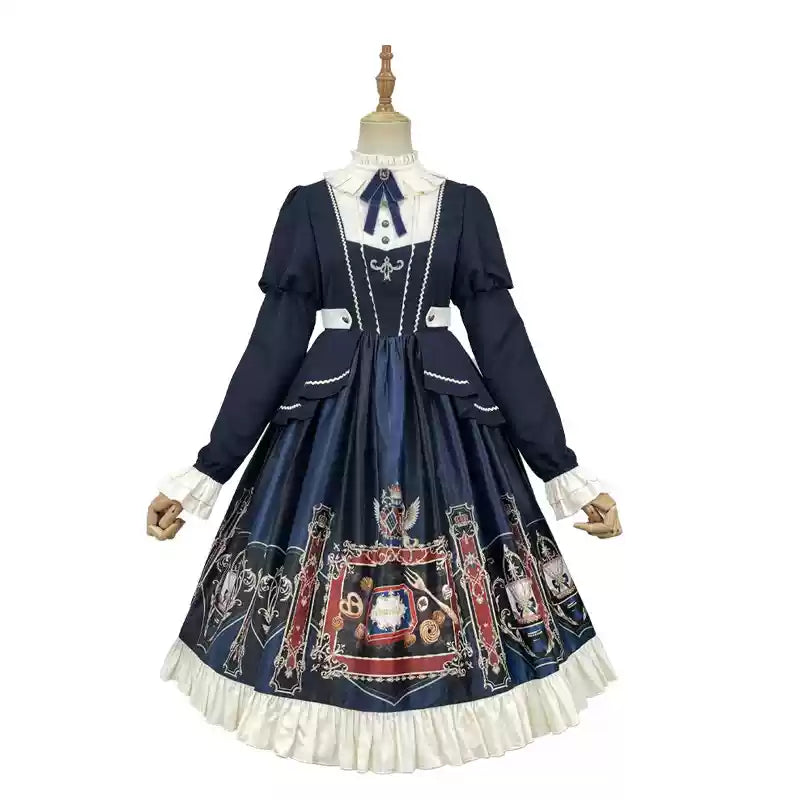 Jinmu~Chocolate Academy~Vintage Lolita OP Long Puff Sleeve Schoolgirl Lolita Dress
