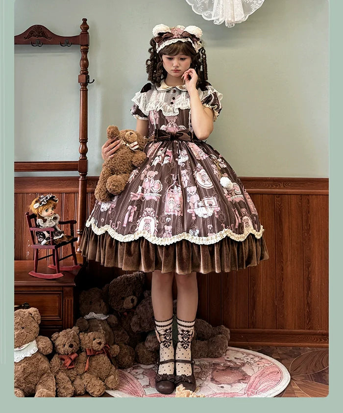 Alice Girl~Bear Doll Wall~Sweet Lolita OP Lovely Bear Print Dress