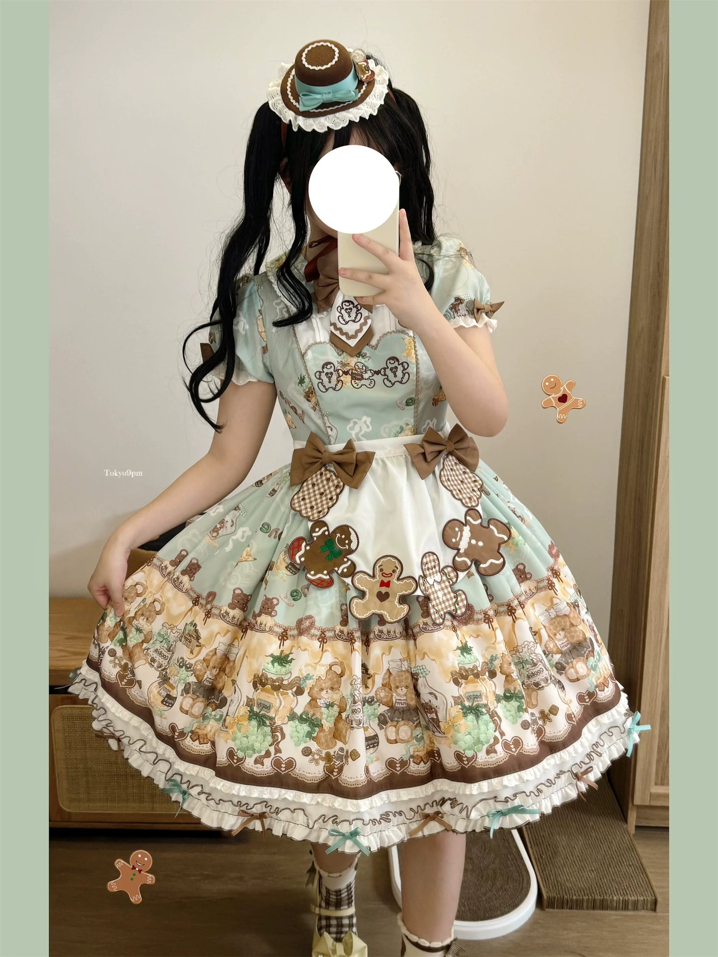 Babyblue~Little Bear Honey Jar~Kawaii Lolita Short Sleeve OP Gingerbread Man Embroidered Dress