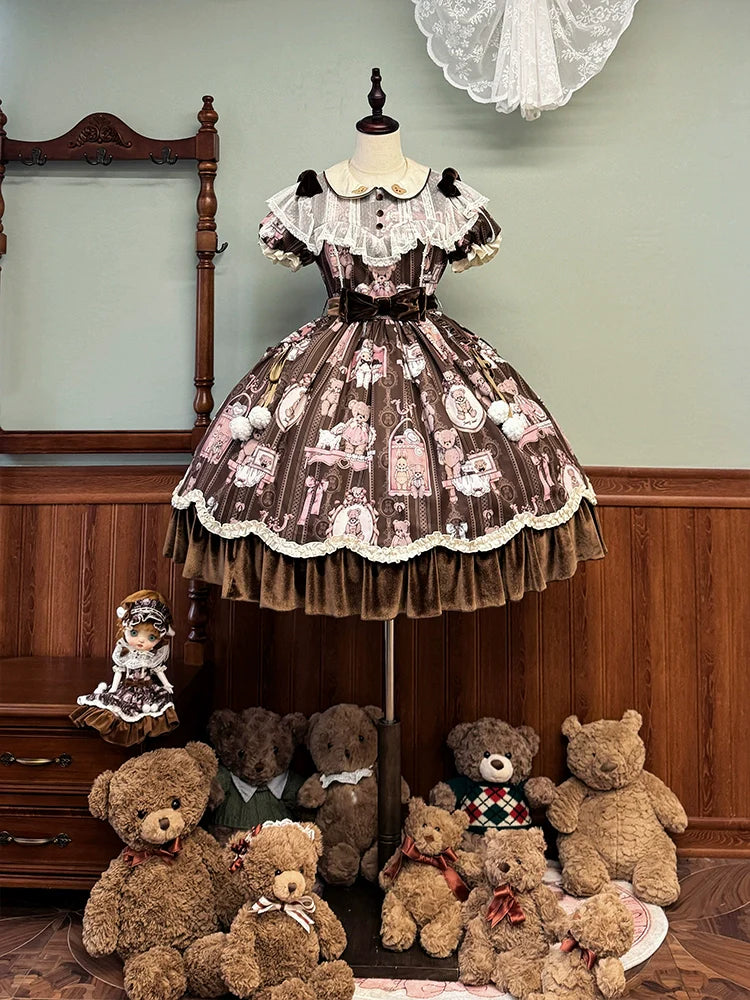 Alice Girl~Bear Doll Wall~Sweet Lolita OP Lovely Bear Print Dress