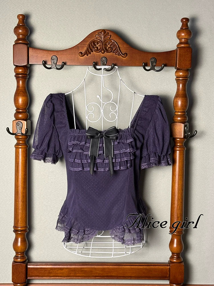 Alice girl~Yesterday Morning Mist~Classic Lolita Shirt Polka Dots Tulle Short Sleeve Blouse