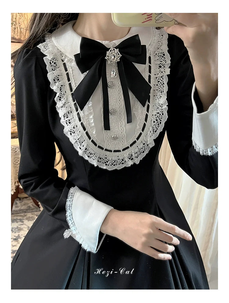 Hezi's Cat Haven~Black Cat Butler~Maid Lolita OP Dress Elegant Black and White Dress