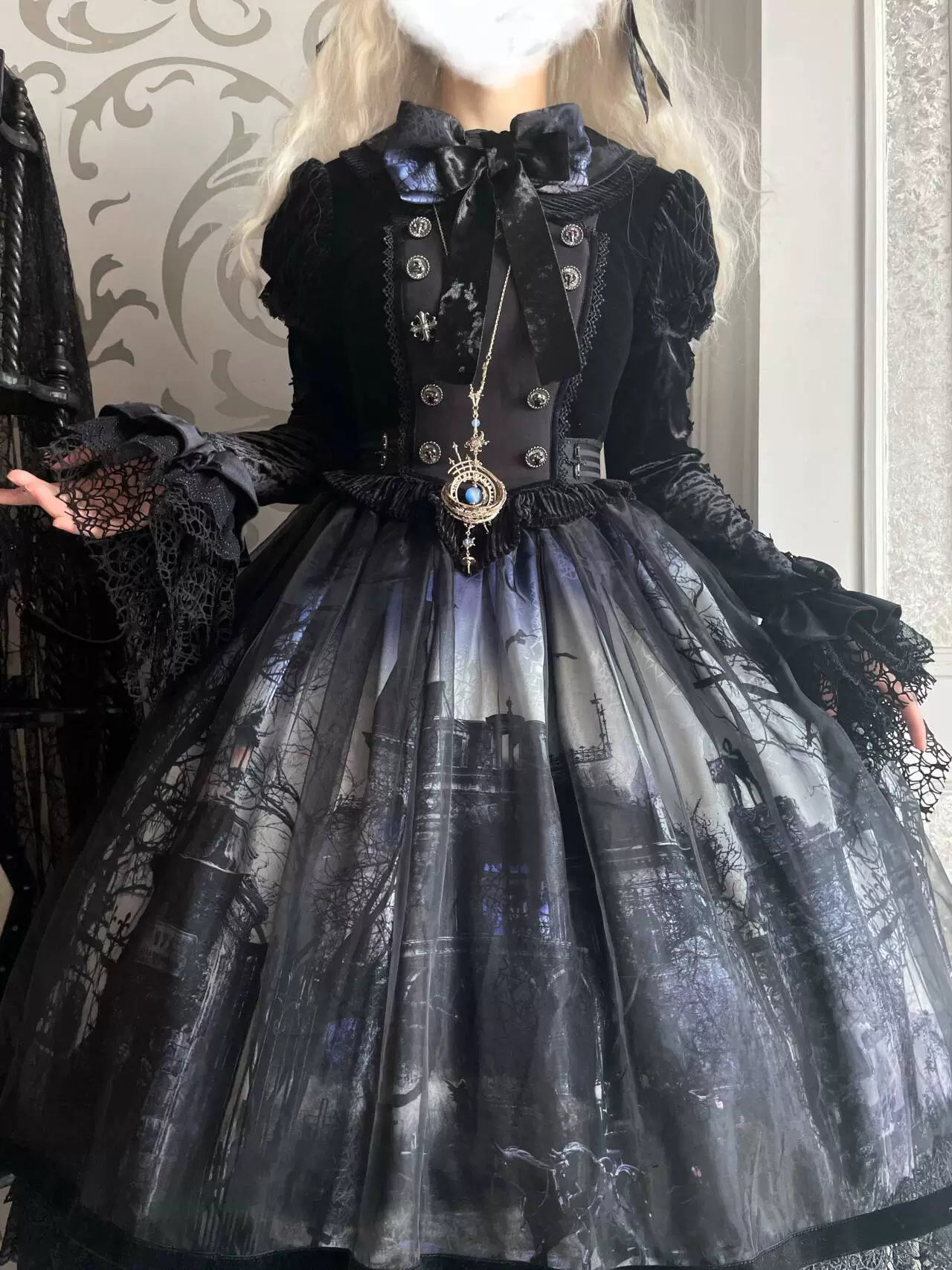 LilithHouse~Horror House~Gothic Lolita OP Set with Cape and Castle Print