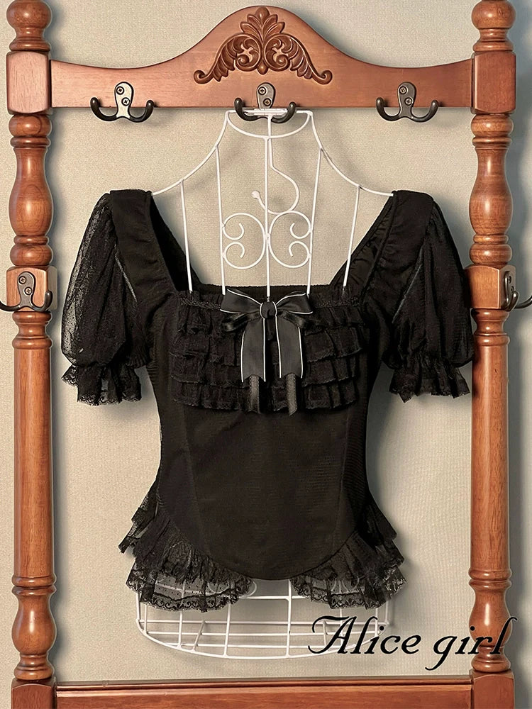 Alice girl~Yesterday Morning Mist~Classic Lolita Shirt Polka Dots Tulle Short Sleeve Blouse