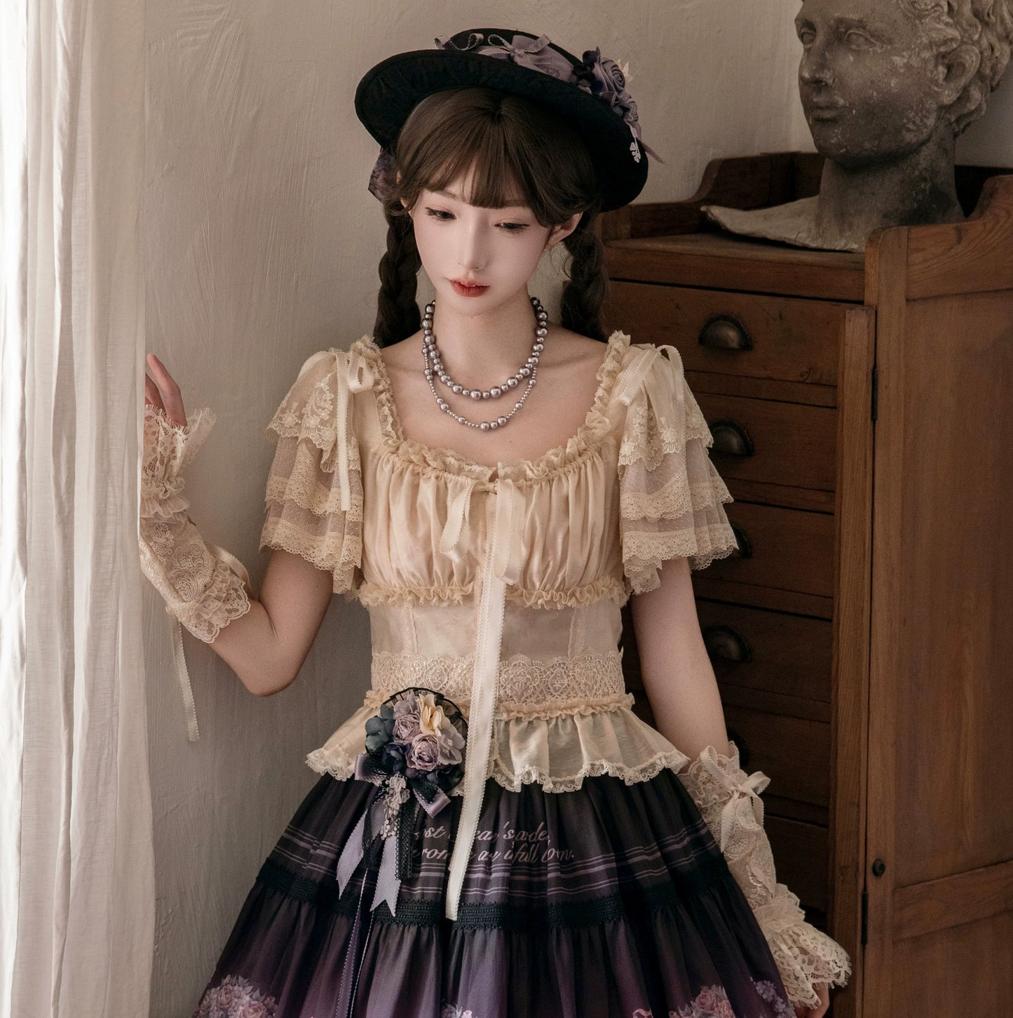 ZUOlanrichen~Romantic Rose~Classic Lolita Shirt with Puffy Sleeves Sheer Skirt Overlay