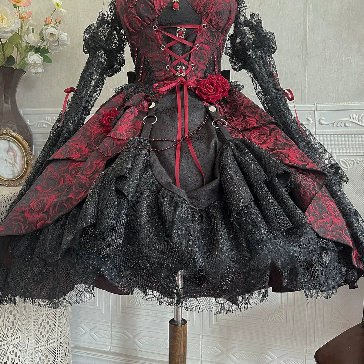 Cornfield Lolita~Rose Blood~Black Red Gothic Lolita JSK Jacquard Court Dress
