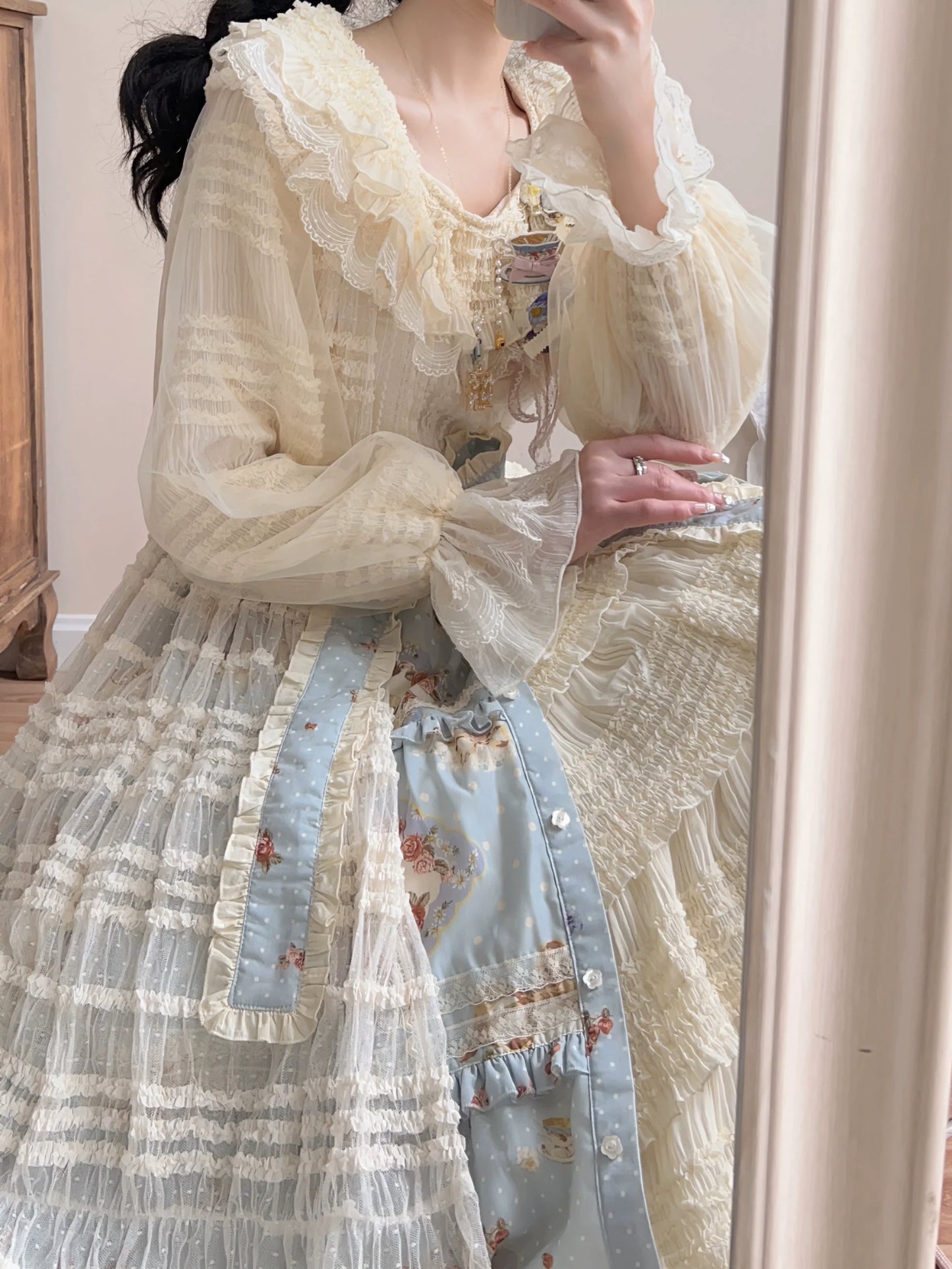 Miss Point~Cat Rose Tea~Sweet Lolita Tulle Cardigan and Long Skirt Overlay