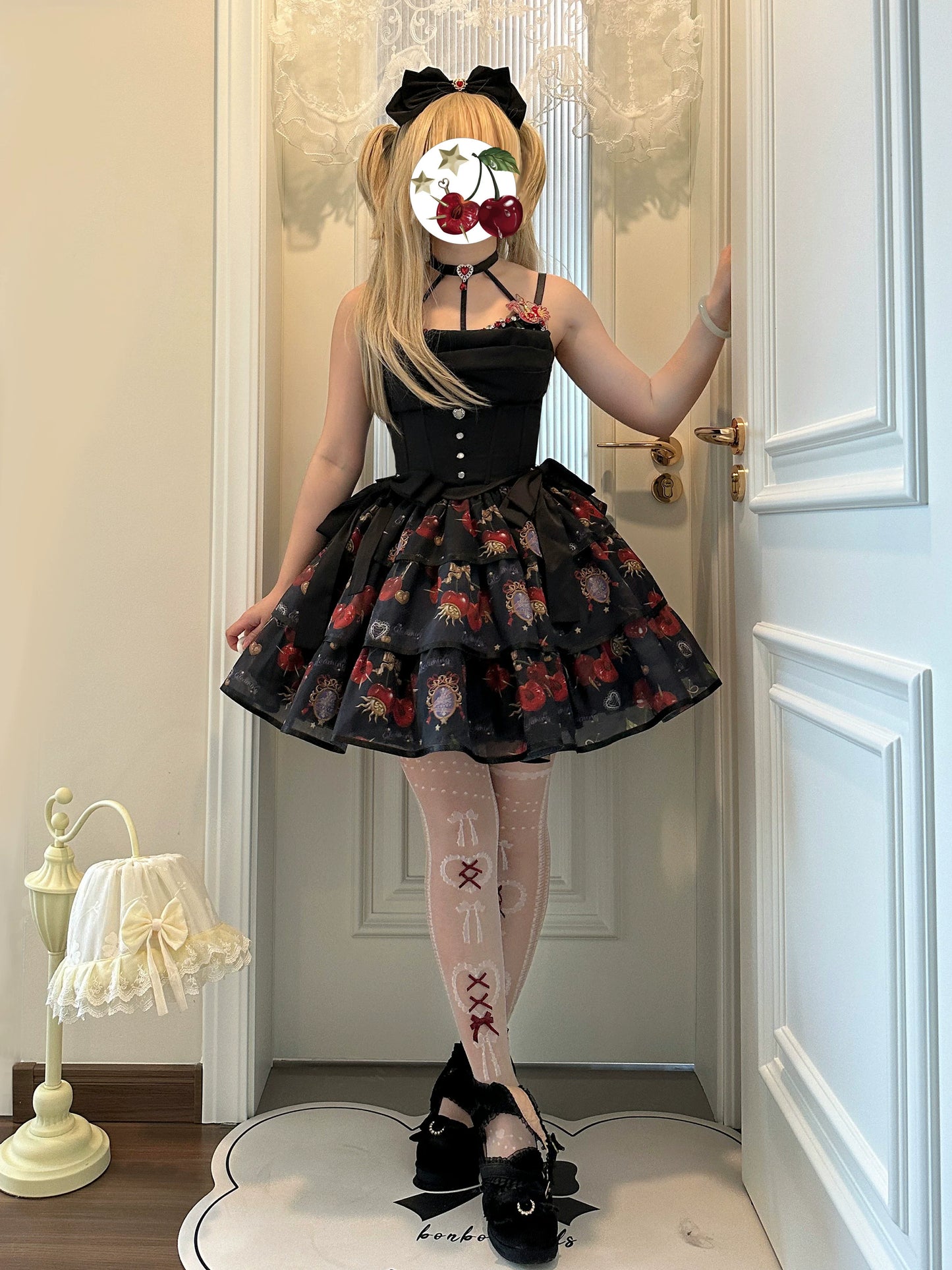 (Buy for me)Gloaming~Sweet Lolita Cherry print Short Sleeve OP and SK Set