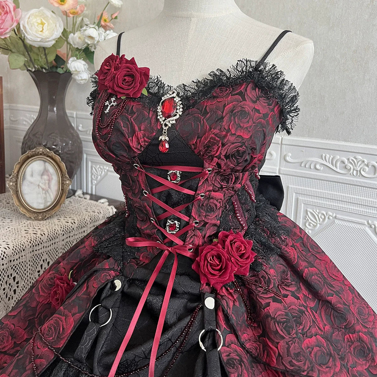 Cornfield Lolita~Rose Blood~Black Red Gothic Lolita JSK Jacquard Court Dress