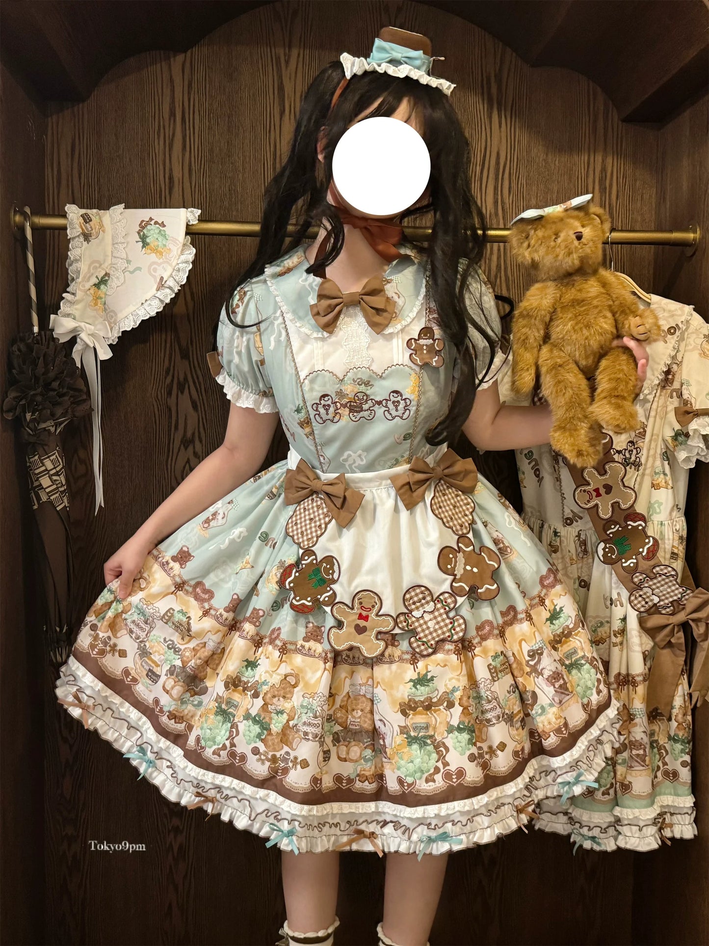 Babyblue~Little Bear Honey Jar~Kawaii Lolita Short Sleeve OP Gingerbread Man Embroidered Dress