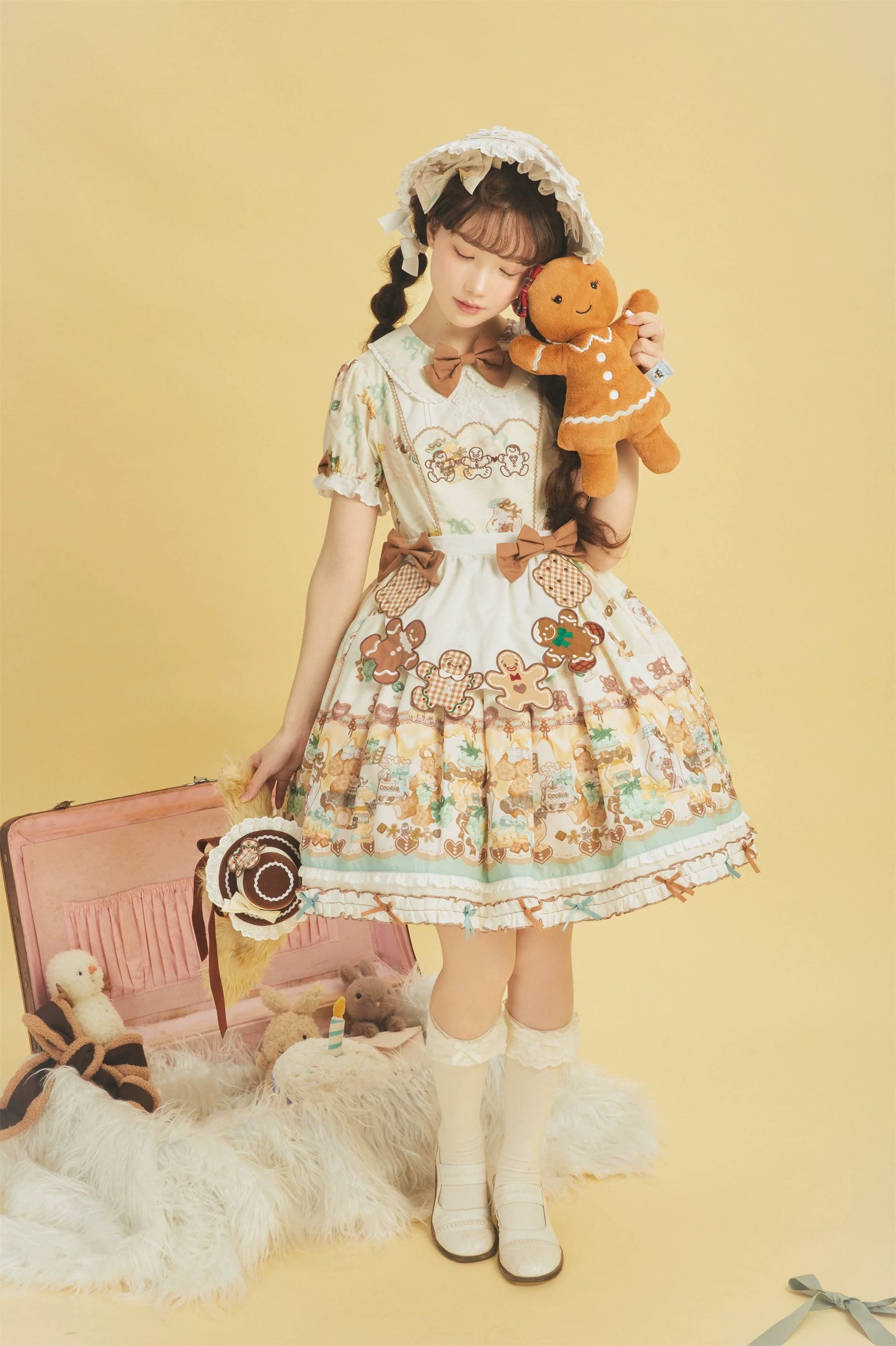 Babyblue~Little Bear Honey Jar~Kawaii Lolita Short Sleeve OP Gingerbread Man Embroidered Dress