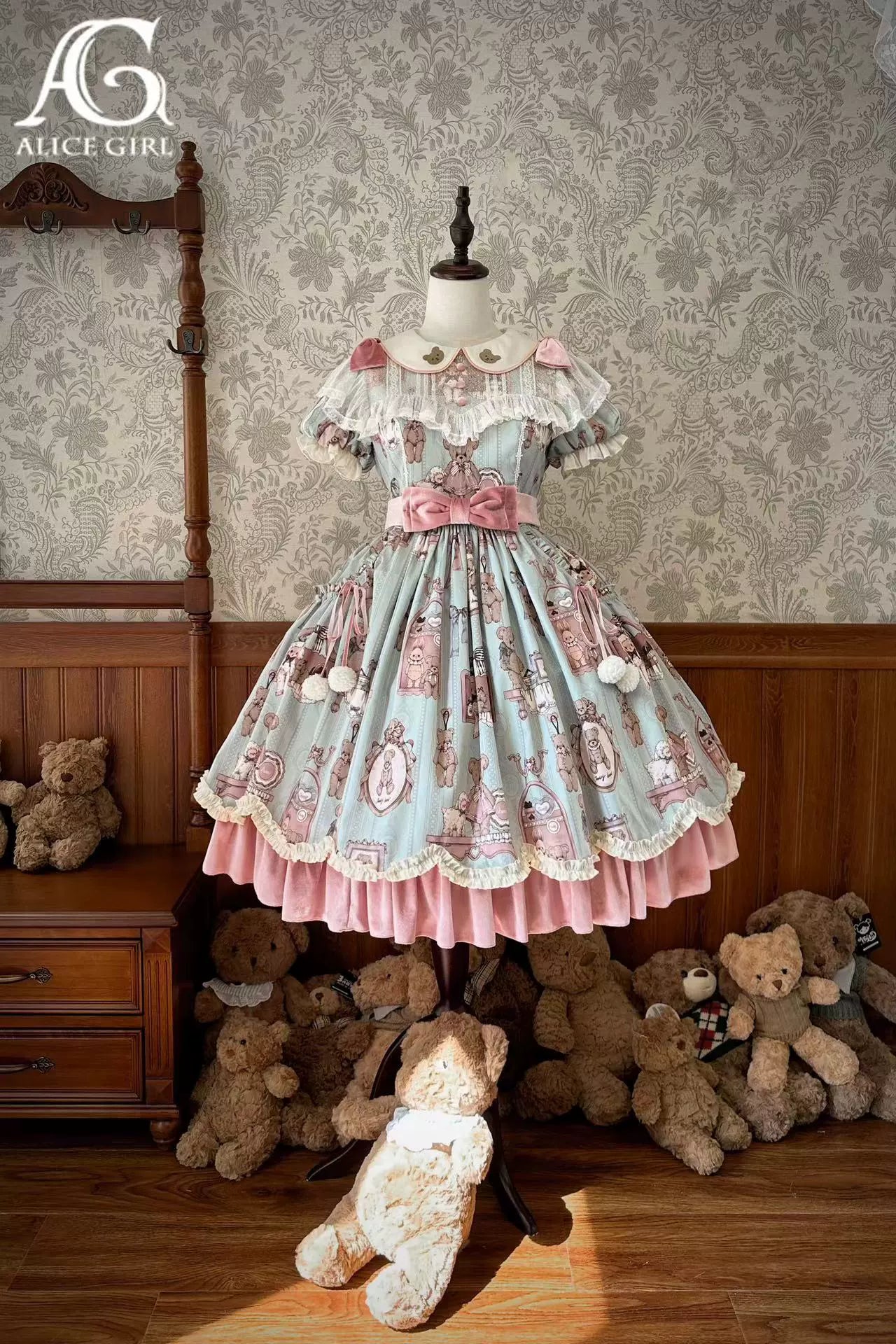 Alice Girl~Bear Doll Wall~Sweet Lolita OP Lovely Bear Print Dress